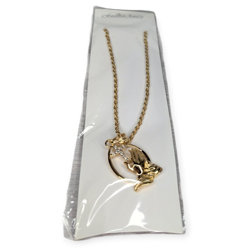 Praying Hands Religious Cross Gold Tone Pendant Necklace Oval NWT